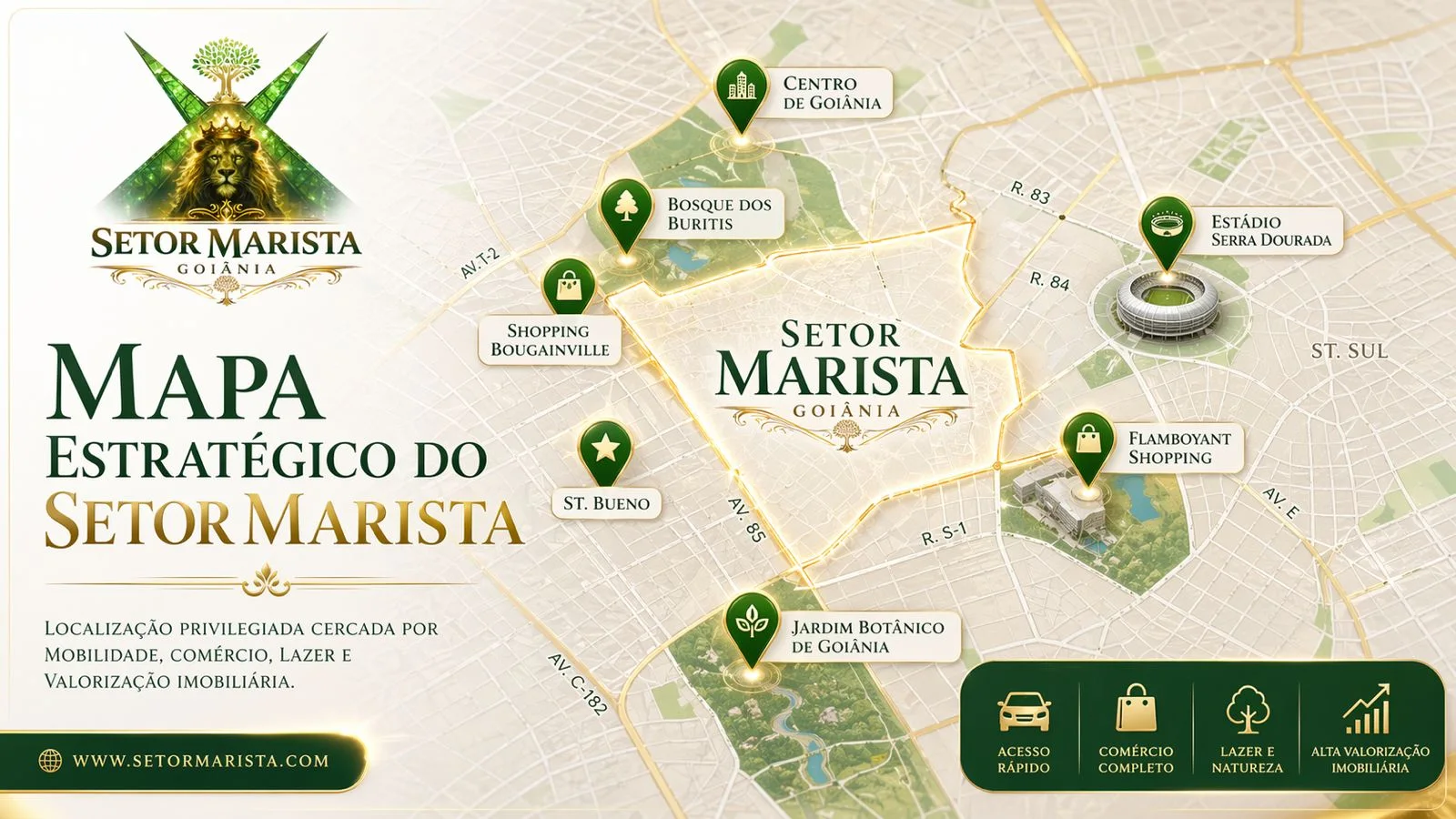 Mapa e imagem institucional do Setor Marista em Goiânia, bairro nobre com alta valorização imobiliária, gastronomia, negócios e qualidade de vida.